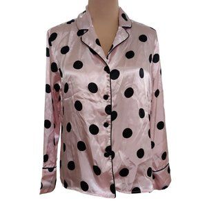 Apt 9 Womens Long Sleeve Polka Dot Satin PJ Top Shirt Barbiecore Pink Black sz S